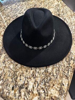 Black Wide-Brim Felt Hat with Decorative Silver Chain